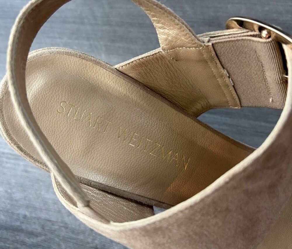 Stuart Weitzman City Sandals Size 11 Tan Suede Big Buckle Slingback Block Heel - Picture 5 of 9